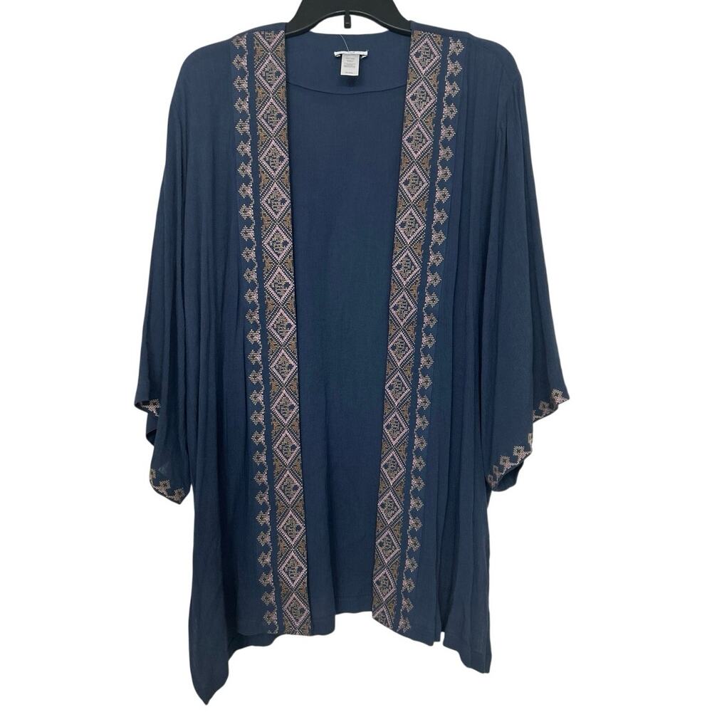 J Jill Boho Embroidered Kimono Cardigan Blue Open Front Cardigan Layer OS NWT
